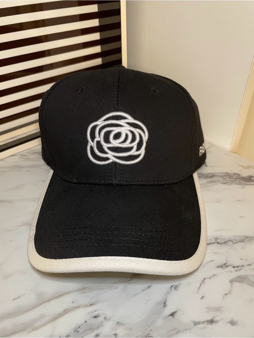 Black Baseball Cap with White Camellia Flower Embroidery